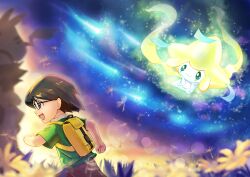 2boys :d ash_ketchum backpack bag commentary_request flower from_side gen_1_pokemon gen_3_pokemon glasses green_shirt highres jirachi legendary_pokemon male_focus max_(pokemon) multiple_boys murase_(muraselelait) mythical_pokemon nintendo open_mouth outdoors pikachu pokemon pokemon:_jirachi:_wish_maker pokemon_(anime) pokemon_(creature) pokemon_rse_(anime) shirt short_hair short_sleeves shorts smile yellow_bag yellow_flower