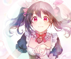 10s 1girl black_hair blush bow breasts choker female_focus food hair_bow hair_ribbon heart long_hair love_live! love_live!_school_idol_project maid mogyutto_&quot;love&quot;_de_sekkin_chuu! neck_ribbon pink_ribbon red_eyes red_ribbon ribbon rio rio.lw short_hair short_sleeves small_breasts smile solo sweets twintails upper_body valentine yazawa_nico