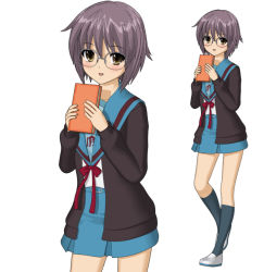 00s 1girl 3d book cardigan female_focus glasses hokusen kneehighs nagato_yuki school_uniform serafuku shoes simple_background skirt smile socks solo suzumiya_haruhi_no_yuuutsu uwabaki white_background