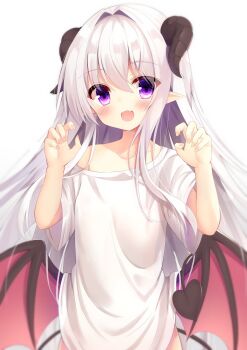 Rule 34 | 1girl, black horns, blush, collarbone, commentary request, cowboy shot, curved horns, demon tail, fang, fingernails, hair between eyes, hair intakes, hands up, highres, hiragana iroiro, horns, long bangs, looking at viewer, low wings, off shoulder, open mouth, original, oversized clothes, oversized shirt, purple eyes, shirt, short sleeves, simple background, skin fang, smile, solo, standing, t-shirt, tail, white background, white shirt, wide sleeves, wings, wispy bangs