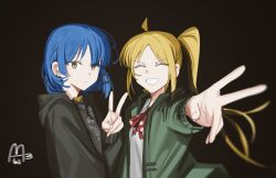 ahoge blue_hair bocchi_the_rock! commentary_request haidao_mao hair_between_eyes hand_up highres hood hoodie ijichi_nijika looking_at_viewer ponytail simple_background smile upper_body watermark yamada_ryo
