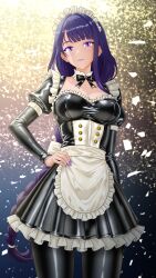 1girl absurdres apron black_dress braid breasts detached_collar dress fingernails frilled_apron frilled_dress frills genshin_impact hand_on_own_hip highres kstrx-tca latex latex_dress long_hair looking_at_viewer maid maid_apron maid_headdress medium_breasts nail_polish purple_eyes purple_hair raiden_shogun sharp_fingernails shiny_clothes solo very_long_hair