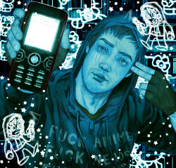 1boy :/ arm_up beard_stubble black_eyes black_gloves black_hair black_shirt blue_theme cry_of_fear doodle_inset english_text facial_hair facial_mark finger_gun finger_gun_to_head fingerless_gloves gloves glowing grey_hoodie head_tilt highres hood hood_up hoodie incoming_gift looking_at_viewer male_focus phone print_hoodie psakhich shirt short_hair simon_henriksson solo star_(symbol) stubble upper_body