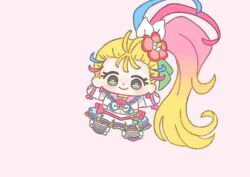 Rule 34 | 1girl, absurdly long hair, bag bow, blonde hair, blue bag, blue hair, blue neckerchief, blue shoes, blue sleeves, bow, bow skirt, chibi, closed mouth, cropped shirt, cure summer, dot nose, earrings, eyelashes, flower, forehead, frilled skirt, frilled sleeves, frills, gradient hair, green eyes, green ribbon, hair bow, hair flower, hair ornament, hair ribbon, happy, hibiscus, high side ponytail, ichigo usuhana, jewelry, leg bow, leg ribbon, light blush, long hair, looking at viewer, magical girl, midriff, miniskirt, multicolored hair, multicolored shoes, natsuumi manatsu, navel, neckerchief, outstretched arms, pink background, pink bow, pink hair, pink sailor collar, pink shoes, pleated skirt, precure, red flower, ribbon, sailor collar, shell brooch, shirt, shoes, short sleeves, simple background, skirt, skirt set, smile, solo, streaked hair, tareme, tropical-rouge! precure, two-tone shoes, very long hair, waist bag, white arm warmers, white bow, white ribbon, white shirt, white skirt, wrist bow, yellow bow