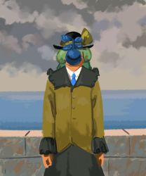 1girl :s black_hat black_skirt blue_necktie brick_wall cloud collared_shirt commentary cowboy_shot english_commentary facing_viewer fine_art_parody green_hair hat hat_ribbon hidden_face highres horizon jacket komeiji_koishi the_son_of_man_(magritte) long_sleeves necktie numenoko ocean outdoors parody ribbon shirt short_hair skirt sky solo standing tan_tan_pou the_son_of_man third_eye touhou white_shirt yellow_jacket yellow_ribbon