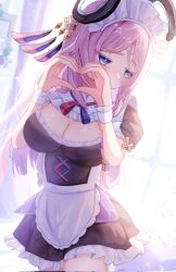 Rule 34 | 1girl, apron, blue eyes, blush, braid, breasts, citlali (genshin impact), facial mark, floating headgear, forehead mark, frilled apron, frills, genshin impact, hair ornament, headgear, heart, heart hands, highres, long hair, looking at viewer, maid, maid apron, maid headdress, multicolored hair, pink hair, ring hair ornament, ruarua0819, solo, triangle, triangle facial mark, very long hair, waist apron, white apron