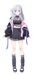 Rule 34 | 1girl, absurdres, barcode, barcode tattoo, black jacket, black shirt, black shoes, black skirt, breasts, closed mouth, cropped shirt, full body, grey hair, grey socks, hair bun, hechima (issindotai), highres, hood, hooded jacket, jacket, jacket partially removed, kneehighs, long hair, long sleeves, looking at viewer, loose socks, medium breasts, midriff, miniskirt, multicolored shoes, navel, official art, open mouth, parallel artist project, pleated skirt, purple eyes, see-through clothes, shirakasa kurage, shirt, shoes, simple background, single side bun, skirt, sleeveless, sleeveless shirt, sneakers, socks, solo, standing, straight-on, tattoo, transparent background, two-sided fabric, two-sided jacket, two-tone shoes, virtual youtuber, white background, white shoes