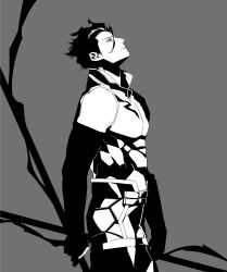 Rule 34 | 1boy, absurdres, closed mouth, collared shirt, cowboy shot, detached sleeves, diarmuid ua duibhne (fate), diarmuid ua duibhne (lancer) (fate), fate/zero, fate (series), from side, grey background, head back, highres, looking up, male focus, mole, mole under eye, popped collar, profile, shirt, sideburns, single bare shoulder, sleeveless, sleeveless shirt, solo, spot color, standing, ujino, yellow eyes