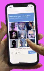 Rule 34 | 6+others, blood, blood on face, blue eyes, blue hair, captcha, creepy eyes, dress, evil grin, evil smile, glitch, grin, highres, horror (theme), huli xiaobai, jujutsu kaisen, long dress, looking at viewer, mahito (jujutsu kaisen), multiple others, pink background, smile, stitched face, stitches