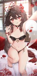 1girl barefoot black_bra black_choker black_panties boo_tao_(genshin_impact) bra breasts brown_hair choker commentary feet foot_out_of_frame genshin_impact ghost hair_ornament highres hu_tao_(genshin_impact) indoors knee_up legs long_hair looking_at_viewer nail_polish navel panties petite red_eyes sailorleyla small_breasts solo symbol-shaped_pupils thighs toenail_polish toenails toes underwear window