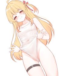 1girl absurdres ahoge alternate_costume blonde_hair breasts clothes_lift covered_navel double-parted_bangs dutch_angle gluteal_fold grin hair_between_eyes hair_ribbon highres hololive hololive_dev_is honon long_hair looking_at_viewer one-piece_swimsuit one_side_up otonose_kanade partially_visible_vulva red_eyes red_ribbon ribbon sidelocks simple_background small_breasts smile solo swimsuit swimsuit_lift thigh_strap unfinished virtual_youtuber white_background white_one-piece_swimsuit