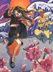 Rule 34 | :d, baseball bat, black hair, black serafuku, black shirt, black shoes, black skirt, carmine (pokemon), creatures (company), crossed bangs, delinquent, eyelashes, flower, full body, game freak, gen 5 pokemon, hair between eyes, highres, holding, holding baseball bat, long hair, long sleeves, looking at viewer, matsuda (0yx38755230263c), midriff, mole, mole under eye, multicolored hair, neckerchief, nintendo, open mouth, pokemon, pokemon (creature), pokemon sv, red hair, red neckerchief, school uniform, scrafty, serafuku, shirt, shoes, sitting, skirt, smile, teeth, tidal wave, two-tone hair, upper teeth only, yellow eyes