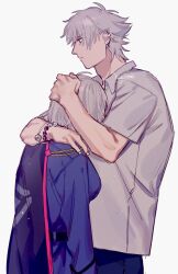 1boy 1girl adam&#039;s_apple antenna_hair aohitsugi_nemu aohitsugi_samatoki arms_at_sides bead_bracelet beads belt black_cape blank_stare blue_jacket bracelet brother_and_sister cape collared_shirt covered_face cowboy_shot denim ear_piercing earrings fingernails from_side hair_between_eyes hand_on_another&#039;s_head hand_on_another&#039;s_shoulder head_on_another&#039;s_chest height_difference highres hoop_earrings hug hypnosis_mic jacket jeans jewelry light_frown long_sleeves looking_ahead no_headwear pants piercing pink_trim profile red_eyes serious shirt short_hair short_sleeves siblings simple_background twitter_username urata_(kogasitata) white_background white_hair white_shirt
