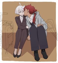 0321smith 2girls black_footwear black_jacket black_pants brown_background commentary_request cool_(gundam_suisei_no_majo) crutch grey_jacket gundam gundam_suisei_no_majo holding_hands hots_(gundam_suisei_no_majo) jacket jewelry kiss kissing_cheek long_hair long_sleeves miorine_rembran multiple_girls pants red_hair ring short_hair suit_jacket suitcase suletta_mercury wedding_ring white_hair wife_and_wife yuri