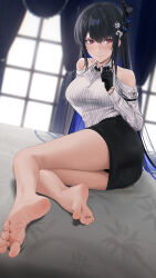 1girl absurdres arm_strap asymmetrical_horns bare_legs bare_shoulders barefoot bed_sheet black_gloves black_hair black_horns black_skirt blue_hair blue_horns blush breasts clenched_hand closed_mouth collared_shirt colored_inner_hair commentary curtains demon_horns dutch_angle embarrassed english_commentary feet flower foot_focus full_body gloves hair_between_eyes hair_ornament highres hololive hololive_english horn_flower horns jewelry kirachamo large_breasts light_smile long_hair long_sleeves looking_to_the_side mole mole_under_eye multicolored_hair multicolored_horns nerissa_ravencroft nerissa_ravencroft_(1st_costume) off-shoulder_shirt off_shoulder on_bed pencil_skirt pinstripe_pattern red_eyes ring shirt shirt_tucked_in skirt solo toes two-tone_hair very_long_hair virtual_youtuber white_shirt window