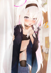 1girl absurdres ayu_(user_xkhp7843) black_bra black_coat black_eyes black_panties black_thighhighs blue_archive blush bra braid coat colored_inner_hair commentary dressing embarrassed halo highres long_hair looking_at_viewer multicolored_hair navel open_mouth panties pink_hair pink_halo plana_(blue_archive) side_braid thighhighs two-tone_hair underwear very_long_hair white_hair