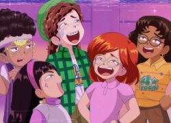 1990s_(style) 1boy 4girls abby_(turning_red) animification black_hair brenni_murasaki brown_eyes brown_hair clip_studio_paint_(medium) glasses meilin_lee meilin_lee_(red_panda) miriam_(turning_red) multiple_girls open_mouth pants priya_(turning_red) retro_artstyle shirt smile turning_red tyler_(turning_red)