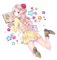 1girl atelier_(series) atelier_meruru blue_eyes book boots braid brown_boots brown_hair crown feet_up floral_print flower french_braid frills high_heel_boots high_heels highres kishida_mel long_hair lying merurulince_rede_arls on_stomach open_book parted_bangs pleated_skirt reading red_crown shirt sidelocks skirt star_(symbol) wavy_hair white_background yellow_shirt yellow_skirt