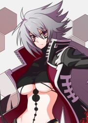 .hack// .hack//g.u. 1girl breasts closed_mouth facial_mark genderswap genderswap_(mtf) grey_hair haseo_(.hack//) high_collar looking_at_viewer red_eyes rune_(ru-nn) short_hair solo spiked_hair tattoo underboob white_hair