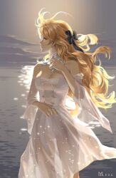 Rule 34 | 1girl, absurdres, alternate costume, artist logo, artist name, bare shoulders, black bow, blonde hair, blue eyes, bow, breasts, cleavage, closed mouth, collar, commentary, contemporary, cowboy shot, dress, earrings, genshin impact, hair bow, hashtag-only commentary, highres, jewelry, large breasts, logo, long hair, looking afar, looking to the side, m alexa, navia (genshin impact), outdoors, profile, ring, solo, water, white collar, white dress, wind