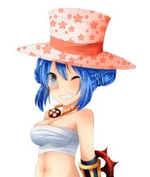 Rule 34 | 1girl, bead necklace, beads, black-framed eyewear, black gloves, blue eyes, blue hair, blush, breasts, bun with braided base, chest sarashi, cleavage, commentary request, cross, cross necklace, cross of prontera, double bun, gloves, grin, hair bun, hat, highres, jewelry, large breasts, looking at viewer, meiko (nattu303), monocle, navel, necklace, one eye closed, pink hat, ragnarok online, sarashi, short hair, simple background, smile, solo, star (symbol), star print, sura (ragnarok online), top hat, upper body, v-shaped eyebrows, white background