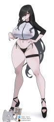 Rule 34 | 1girl, absurdres, ankle strap, bare legs, bikini, bikini bottom only, black bikini, black hair, black sandals, black shirt, breasts, commentary, dated commentary, fanbox username, fingernails, full body, gumroad username, hair over one eye, hand on own hip, high ponytail, highres, huge breasts, legs, long bangs, long hair, looking at viewer, mimyo, navel, one eye covered, original, parted lips, patreon username, pink nails, platform sandals, ponytail, qr code, raglan sleeves, rash guard, sandals, shiny skin, shirt, side-tie bikini bottom, sidelocks, simple background, solo, standing, stomach, string bikini, swimsuit, thigh strap, thighs, three-quarter sleeves, two-tone shirt, very long hair, white background, white shirt