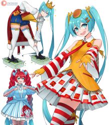 Rule 34 | 1girl, absurdres, aqua eyes, aqua hair, blue bow, blue dress, blue shorts, bow, braid, burger hair ornament, burger king, burger king foot lettuce (meme), cosplay, crown, detached sleeves, dismaiden, dress, finger heart, fingerless gloves, food-themed hair ornament, gloves, gradient hair, hair bow, hair ornament, hatsune miku, highres, jewelry, long hair, looking at viewer, mcdonald&#039;s, meme, multicolored hair, multiple views, necklace, necktie, open mouth, pantyhose, print dress, print skirt, red hair, red necktie, red pantyhose, red thighhighs, ronald mcdonald, ronald mcdonald (cosplay), shirt, shorts, simple background, skirt, striped clothes, striped pantyhose, striped sleeves, striped thighhighs, the king (burger king), the king (burger king) (cosplay), thighhighs, twin braids, twintails, very long hair, vocaloid, wendy&#039;s, wendy (wendy&#039;s), wendy (wendy&#039;s) (cosplay), white background, white pantyhose, white shirt, white skirt, white thighhighs, yellow gloves, yellow shirt