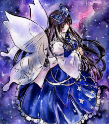 1girl black_hair blue_bow blue_dress blue_ribbon blunt_bangs blush bow bowtie commentary dress fairy_wings hair_bow highres kabaji long_hair long_sleeves own_hands_clasped own_hands_together painting_(medium) ribbon shikishi skirt sky smile solo star_(sky) star_(symbol) star_print star_sapphire starry_sky touhou traditional_media very_long_hair white_bow white_bowtie wide_sleeves wings yellow_eyes