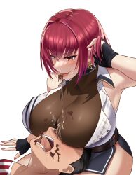 1boy 1girl absurdres altronage armpits bare_shoulders belt between_breasts black_gloves black_hair blush bodystocking breast_rest breasts breasts_on_head candy chocolate chocolate_heart chocolate_on_body chocolate_on_breasts chocolate_on_face chocolate_on_tongue cleavage collared_shirt drooling_on_another earrings fine_fabric_emphasis fingerless_gloves food food_on_body food_on_breasts food_on_face gloves heart heterochromia high-waist_skirt highres hololive houshou_marine houshou_marine_(businesswoman) huge_breasts jewelry lap_pillow large_breasts lips lying mature_female official_alternate_costume official_alternate_hairstyle open_mouth partially_unbuttoned red_eyes red_hair red_nails revealing_clothes saliva saliva_trail see-through_clothes see-through_cleavage shirt short_hair simple_background sitting skirt sleeveless smile solo_focus sweat thighs tongue tongue_out virtual_youtuber white_background yellow_eyes