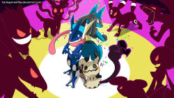 Rule 34 | charizard, commentary, confetti, crossed arms, deviantart username, english commentary, evil grin, evil smile, garchomp, gardevoir, gen 1 pokemon, gen 2 pokemon, gen 3 pokemon, gen 4 pokemon, gen 6 pokemon, gen 7 pokemon, gengar, glowing, glowing eyes, greninja, grin, harlequinwaffles, highres, legendary pokemon, looking at another, looking at viewer, lucario, mimikyu, nintendo, pokemon, pokemon (creature), pokemon focus, rayquaza, signature, silhouette, smile, spotlight, standing, surrounded, sylveon, umbreon, watermark, web address