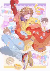 +_+ amane_sachika bandaid bandaid_on_face bandaid_on_nose brown_hair earrings fang gochizo highres hood hoodie inoue_shouma jacket jewelry kamen_rider kamen_rider_gavv_(series) karakida_hanto lakia_amarga male_focus muyekikikikikikikiya orange_jacket purple_eyes shoes skin_fang sneakers sticker sticker_on_face stuffed_animal stuffed_toy teddy_bear v yellow_hoodie