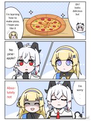 2girls ? ahoge black_eyes black_gloves black_horns black_tail blonde_hair blue_eyes chest_harness closed_eyes closed_mouth commentary curled_horns demon_tail earrings english_commentary english_text food gloves hair_ornament harness highres horns jewelry key_earrings long_hair mole mole_under_eye multicolored_eyes multiple_girls necktie no_headwear partially_shaded_face pepperoni pepperoni_pizza phoebe_(wuthering_waves) pizza red_eyes red_necktie shirt tail tenrino thinking two-tone_eyes white_hair white_shirt wuthering_waves x_hair_ornament zani_(wuthering_waves)