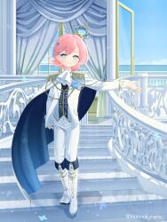 Rule 34 | 1boy, absurdres, aiguillette, alternate costume, ascot, banister, blue cape, blue eyes, blue flower, blue sky, boots, braid, cape, commentary request, cross, crown, curtains, door, epaulettes, falling flower, flower, flower on chest, frilled ascot, frills, full body, glass door, hair flower, hair ornament, highres, horizon, indoors, jacket, male focus, mini crown, motimoti mgmg, ocean, ocean prince, on stairs, outdoors, pants, persian speedwell, pink hair, puyopuyo, puyopuyo fever 2, railing, salde canarl shellbrick iii, short hair, sky, sleeve cuffs, solo, stairs, standing, two-sided cape, two-sided fabric, white ascot, white boots, white cape, white jacket, white pants, window