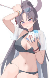 1girl absurdres bikini black_bikini blue_archive blush bracelet brain_freeze breasts cleavage closed_mouth commentary_request cup eyewear_on_head fang food highres holding holding_cup hotarihotaru jewelry large_breasts long_hair looking_at_viewer multiple_bracelets navel official_alternate_costume official_alternate_hairstyle open_clothes open_shirt parted_bangs partial_commentary ponytail purple-framed_eyewear purple_eyes purple_hair shaved_ice shirt short_sleeves skin_fang solo stomach sunglasses swimsuit tears white_shirt yukari_(blue_archive) yukari_(swimsuit)_(blue_archive)