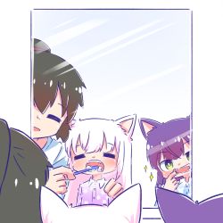 Rule 34 | 3girls, :d, = =, aged down, animal ears, animal print, arms at sides, assault lily, black hair, blue pajamas, blue shirt, blush, bright pupils, brushing another&#039;s teeth, butterfly print, buttons, cat ears, cat girl, closed eyes, collared shirt, fangs, fingersmile, floral print, funada kiito, funada ui, green eyes, hair down, hand on another&#039;s shoulder, hand up, hands up, head tilt, high ponytail, highres, holding, holding toothbrush, kemonomimi mode, long hair, long sleeves, looking at mirror, mirror, multiple girls, nagasawa yuki (assault lily), open mouth, pajamas, ponytail, print pajamas, purple hair, purple pajamas, purple shirt, reflection, shirt, siblings, sisters, smile, sparkle, teeth, teisuu, toothbrush, toothpaste, upper body, white background, white hair, white pupils, white shirt