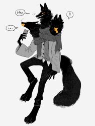 ! !! ... 1boy black_fur black_pants cerberus colored_sclera colored_tongue dog_boy english_text fangs furry furry_male highres holding holding_phone jacket male_focus multiple_heads orange_sclera orange_tongue original pants phone red_eyes scarf simple_background sweater undershirt white_background zumi3