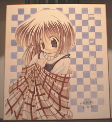 Rule 34 | 1girl, 2000s (style), bad id, black camisole, blue background, blue eyes, brown hair, brown jacket, camisole, checkered background, closed mouth, colored pencil (medium), jacket, kanon, looking down, medium hair, plaid clothes, plaid jacket, shirt, solo, sou ryuu, traditional media, tsukimiya ayu, upper body, white background, white shirt