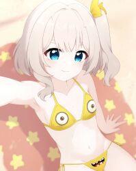 Rule 34 | 10strawbearry, 2025, agemmata, bikini, blue eyes, brown eyes, despicable me, highres, indie virtual youtuber, marimari (vtuber), minion (despicable me), minions (movie), open mouth, sidetail, sitting, swimsuit, teeth, white hair, yellow bikini