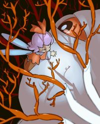 1girl 2017 black_background closed_eyes colored_sclera dress fairy fairy_wings hug kirby_(series) kirby_64 kumoketu nintendo pink_hair red_sclera ribbon_(kirby) veins wings zero_two_(kirby)