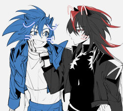 2boys arm_at_side arms_at_sides black_hair black_shirt blue_eyes blue_hair blue_jacket bracelet bright_pupils closed_mouth commentary cowboy_shot cropped_jacket cropped_shirt drawn_ears drawn_whiskers frown gloves grey_jacket greyscale grin hair_between_eyes hand_on_another&#039;s_chin highres humanization jacket jewelry long_hair long_sleeves looking_at_another male_focus monochrome multicolored_hair multiple_boys open_clothes open_jacket red_eyes red_hair satosi_peter shadow_the_hedgehog shirt simple_background smile sonic_(series) sonic_the_hedgehog spiked_hair spot_color streaked_hair symbol-only_commentary turtleneck two-tone_hair white_pupils