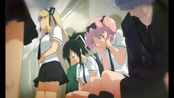 1boy 4girls absurdres arms_under_breasts asuka_(senran_kagura) black_bow black_hair black_necktie black_shirt black_skirt black_socks black_suit blonde_hair blue_eyes blue_hairband bow breasts closed_eyes clutching_head cross-shaped_pupils distress formal_clothes game_cg grey_hair hair_bow hair_over_eyes hair_ribbon hairband hands_on_own_head hanzou_academy_school_uniform hibari_(senran_kagura) highres ikaruga_(senran_kagura) katsuragi_(senran_kagura) kiriya_(senran_kagura) large_breasts long_hair looking_to_the_side multiple_girls necktie non-web_source official_art pillarboxed pink_hair ponytail ribbon sad school_uniform senran_kagura senran_kagura_shoujo-tachi_no_shin&#039;ei shirt sitting skirt socks standing suit symbol-shaped_pupils white_ribbon white_shirt wide-eyed yaegashi_nan