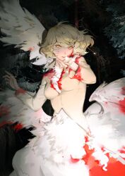 1girl blonde_hair blood blood_on_clothes blood_on_face bloody_wings body_fur breasts brown_shirt centauroid chimera closed_mouth commentary di_qiya_bingkuai dungeon_meshi falin_touden falin_touden_(chimera) feathered_wings feathers hand_up hashtag-only_commentary highres long_sleeves looking_at_viewer monster_girl shirt short_hair solo taur tree white_feathers wings yellow_eyes