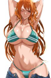 Rule 34 | 1girl, arms behind head, bikini, blue pants, blush, breasts, cleavage, cowboy shot, denim, green bikini, highres, jeans, kawabata yoshihiro, large breasts, long hair, looking at viewer, nami (one piece), nami (one piece) (return to sabaody), navel, official alternate costume, one piece, open fly, orange eyes, orange hair, pants, revision, simple background, smile, solo, stomach, striped bikini, striped clothes, swimsuit, tattoo, unbuttoned pants, unzipped, white background