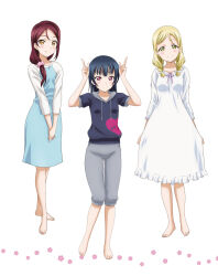 3girls artbook barefoot blonde_hair blue_dress blue_hair blush braid capri_pants dress full_body grey_pants hair_over_shoulder highres hood hoodie index_finger_raised long_hair looking_at_viewer love_live! love_live!_sunshine!! multiple_girls non-web_source official_art ohara_mari pants purple_hoodie red_eyes red_hair sakurauchi_riko scrunchie simple_background smile standing tsushima_yoshiko twin_braids white_background white_dress yellow_eyes