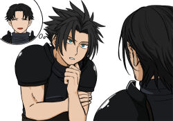 2boys angeal_hewley armor bare_arms black_hair blue_eyes closed_eyes final_fantasy final_fantasy_vii final_fantasy_vii_ever_crisis looking_at_another male_focus multiple_boys parted_bangs parted_lips s_m_man short_hair shoulder_armor simple_background sleeveless sleeveless_turtleneck speech_bubble spiked_hair sweater thought_bubble turtleneck turtleneck_sweater upper_body white_background zack_fair