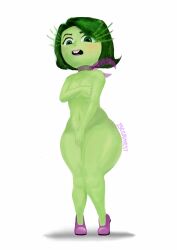 1girl absurdres breasts covering_breasts covering_crotch covering_privates disgust_(inside_out) female_focus green_eyes highres inside_out muscular pink_ribbon ribbon small_breasts solo