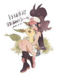 1girl :d black_boots black_vest blue_eyes blue_shorts boots brown_hair commentary_request dated full_body gen_4_pokemon hat high_ponytail highres hilda_(pokemon) hime_(himetya105) leafeon long_hair looking_at_viewer nintendo open_clothes open_mouth open_vest pokemon pokemon_(creature) pokemon_bw ponytail shirt short_shorts shorts sleeveless sleeveless_shirt smile twitter_username vest white_background white_hat white_shirt