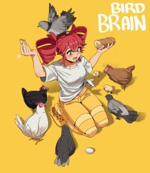 1girl absurdres animal animal_on_head baby_animal bird birdbrain_(synthesizer_v) bread chick chicken crocs drill_hair egg english_text feathered_wings food highres holding holding_food kasane_teto kirkeone loaf_of_bread on_head open_mouth pigeon red_eyes red_hair shirt shorts twin_drills utau white_shirt wings yellow_shorts
