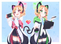 2girls animal_ear_headphones animal_ears aqua_necktie arrow_(symbol) black_shorts black_skirt black_tail black_thighhighs blonde_hair blue_archive blue_background blush border bow buttons cat_ear_headphones cat_ears cat_tail closed_mouth collared_shirt commentary_request computer_keyboard cowboy_shot fake_animal_ears fake_tail floating floating_object frilled_skirt frills green_bow green_eyes green_halo green_hood green_jacket hair_bow halo handheld_game_console headphones heart highres holding holding_handheld_game_console holding_stylus hood hood_down hooded_jacket intertwined_tails jacket jacket_partially_removed korean_commentary long_sleeves looking_down low-tied_sidelocks medium_hair midori_(blue_archive) millennium_science_school_logo miniskirt mixed-language_commentary momoi_(blue_archive) multicolored_jacket multiple_girls necktie open_clothes open_jacket open_mouth outline outside_border parted_bangs pink_eyes pink_halo pink_hood pink_jacket pixel_heart pleated_skirt red_bow school_uniform shirt shirt_tucked_in short_shorts shorts siblings sidelocks signature sisters skirt smile sorakumo stylus tablet_pc tail thighhighs thighs twins two-sided_fabric two-sided_jacket untucked_shirt white_border white_jacket white_outline white_shirt wide_sleeves wing_collar x zettai_ryouiki