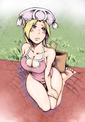 1girl bad_id bad_pixiv_id bare_shoulders barefoot blonde_hair blush breasts cleavage feet female_focus final_fantasy final_fantasy_tactics from_above hat long_hair looking_up medium_breasts one-piece_swimsuit orator_(fft) purple_eyes sitting solo swimsuit thigh_gap tsukudani_(coke-buta)